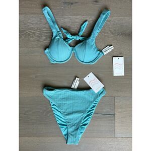 Dippin’ Daisys Textured Blue Bikini Set XS NWT High Waist Bottom & Knot Top